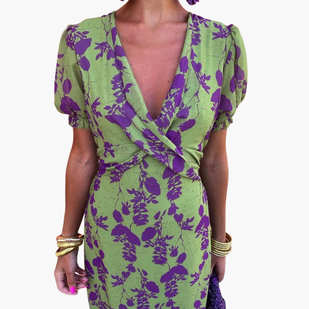 Women’s Midi Dress with Puff Sleeves and Twist Waist