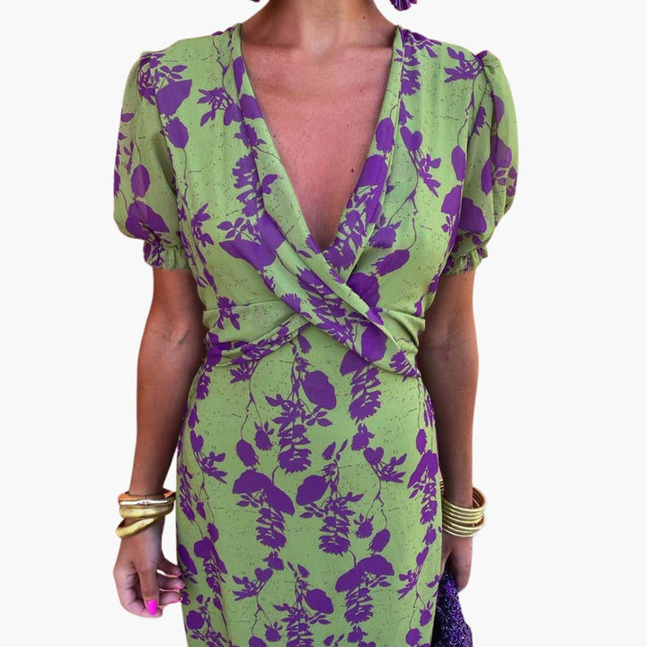 Women’s Midi Dress with Puff Sleeves and Twist Waist