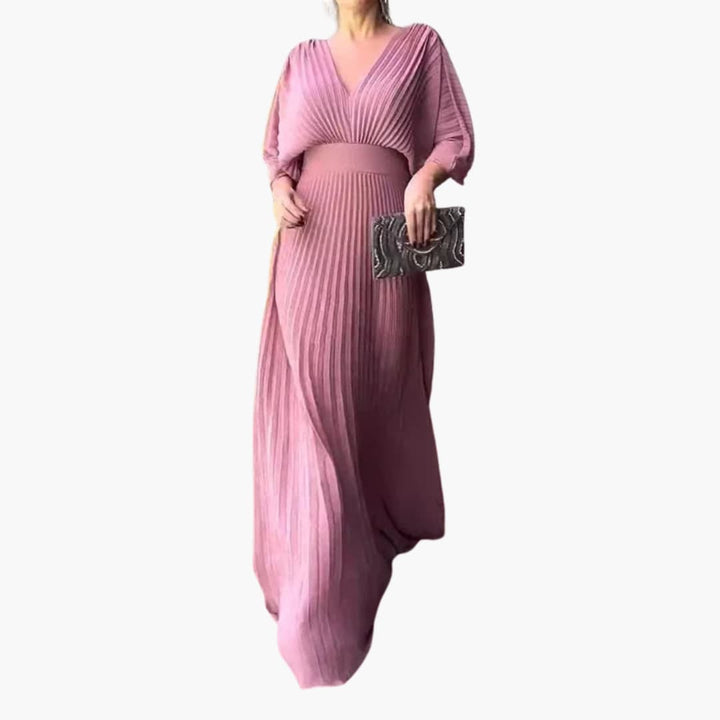 Women’s Formal Pleated Maxi Dress with Draped Sleeves