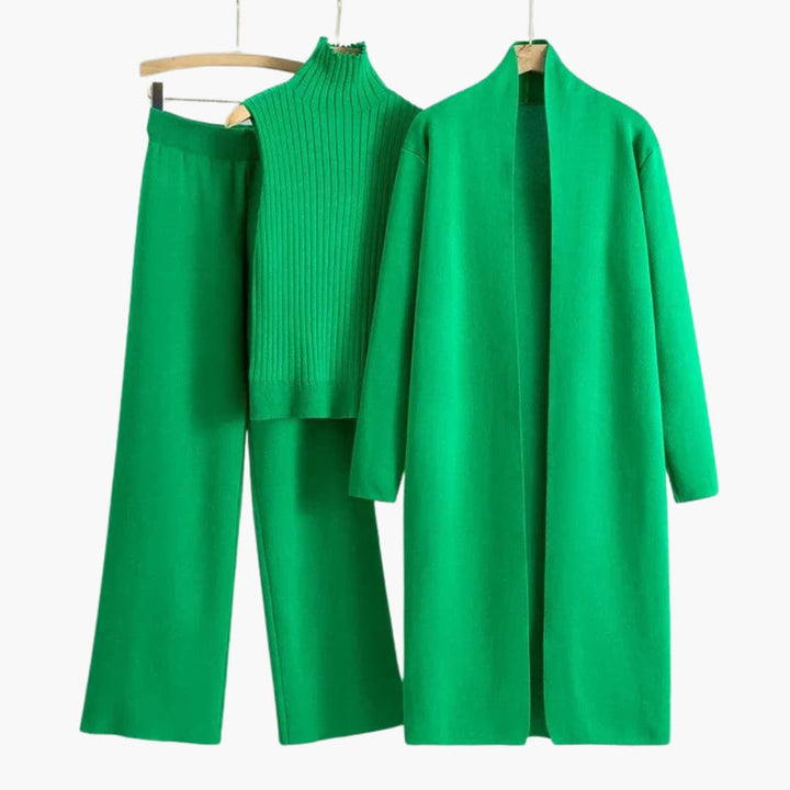 Women’s Three-Piece Knit Set with Sleeveless Roll Neck and Wide-Leg Trousers