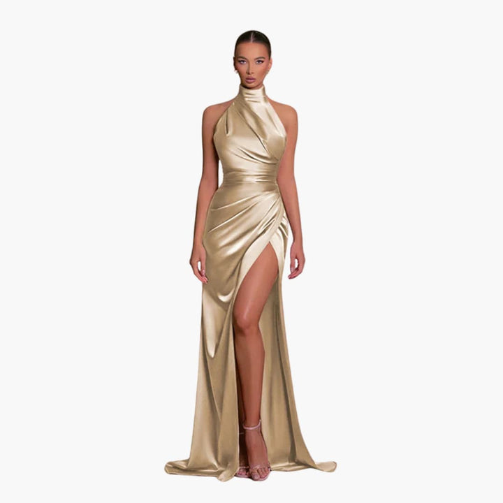 Women’s Evening Gown Dress with Halter Neck and High Split