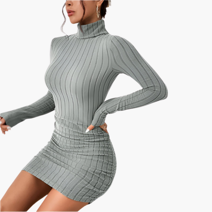 Women’s Turtleneck Dress with Ribbed Texture and Long Sleeves
