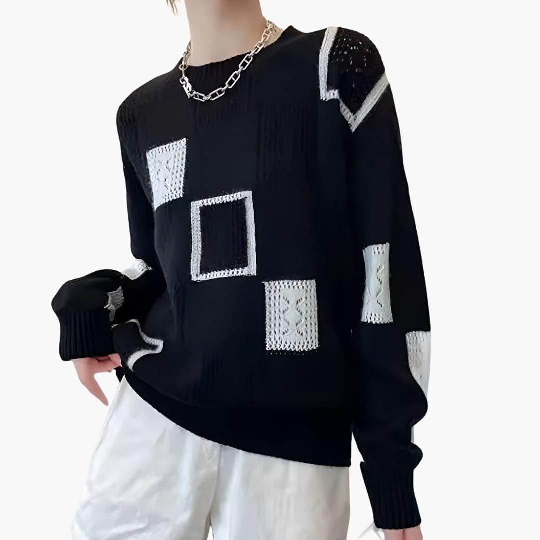 Women’s Patchwork Knit Sweater with Long Sleeves and Pullover Style