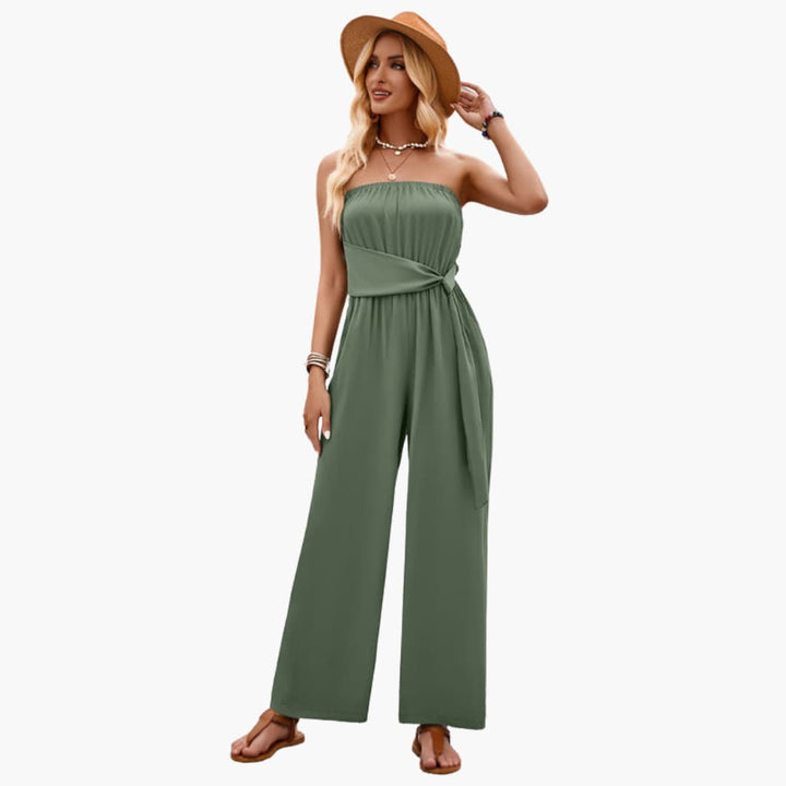 Women’s Strapless Jumpsuit with Waist Tie and Wide Legs