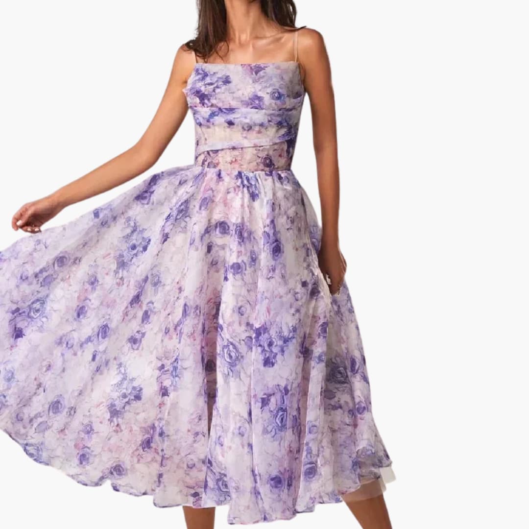 Women’s Floral A-Line Midi Dress with Spaghetti Straps and Fitted Bodice