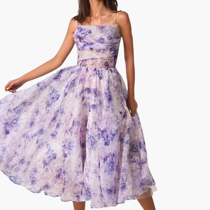 Women’s Floral A-Line Midi Dress with Spaghetti Straps and Fitted Bodice