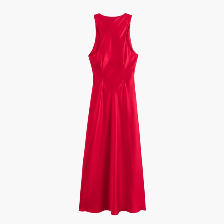 Women’s Satin Cowl Neck Midi Dress with Ruched Waist
