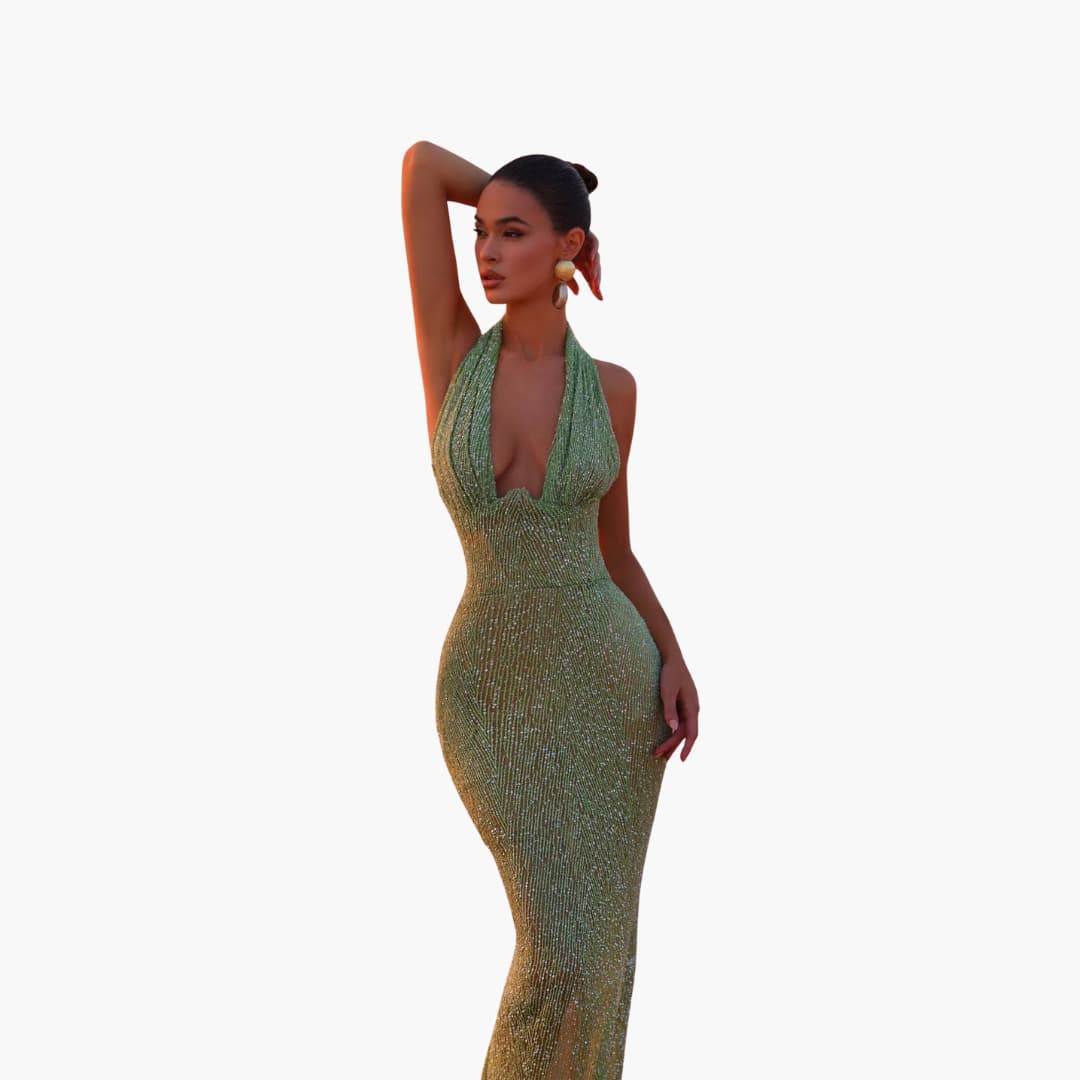 Women’s evening gown with halter neckline and backless design