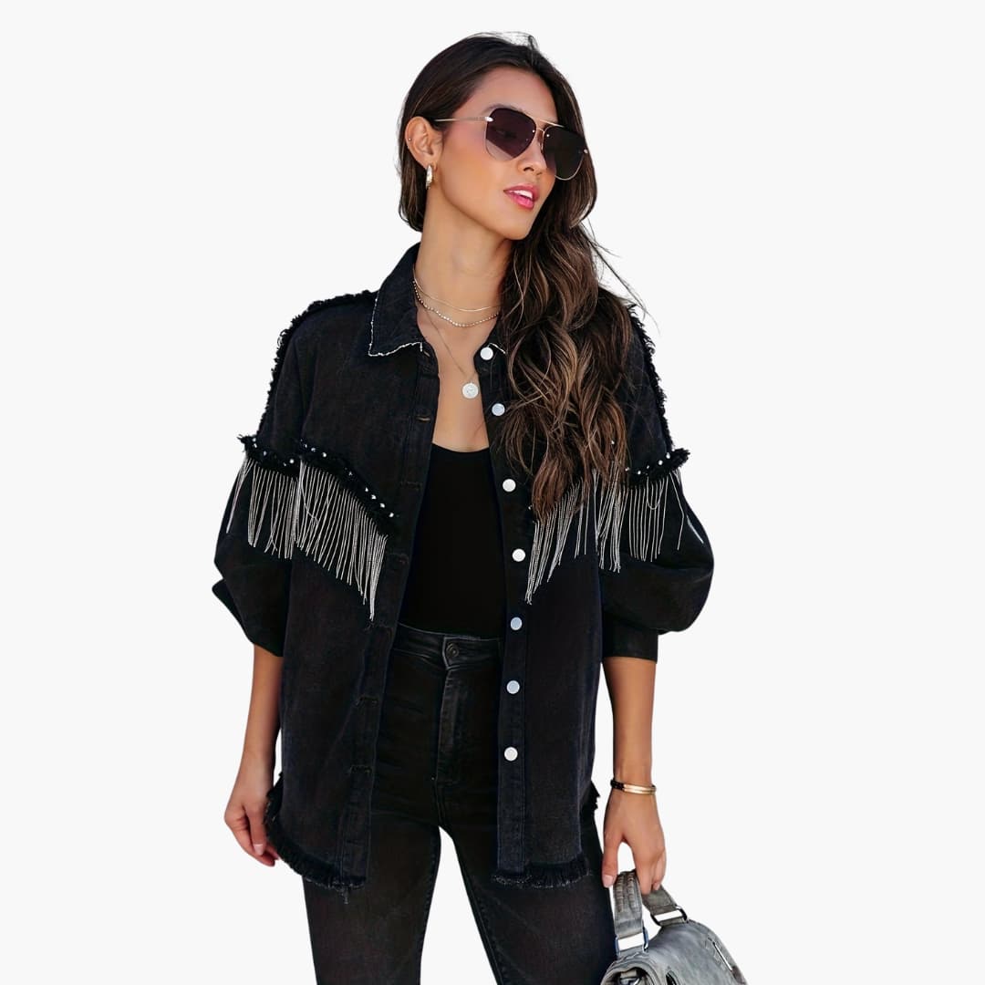 Women’s Denim Jacket with Buttons and Fringe