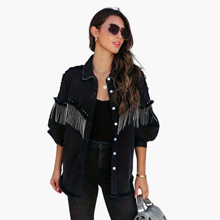 Women’s Denim Jacket with Buttons and Fringe