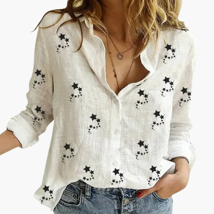 Women’s Star Print Blouse with Collar and Button Fastening
