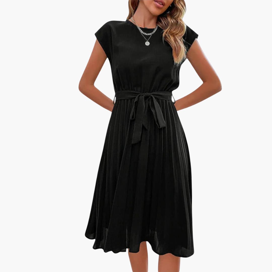 Women’s Casual Midi Dress with Pleated Skirt and Tie Waist