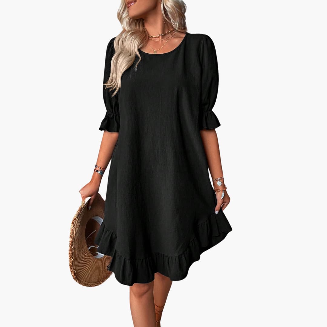 Women’s Midi Dress with Puff Sleeves and Ruffle Hem