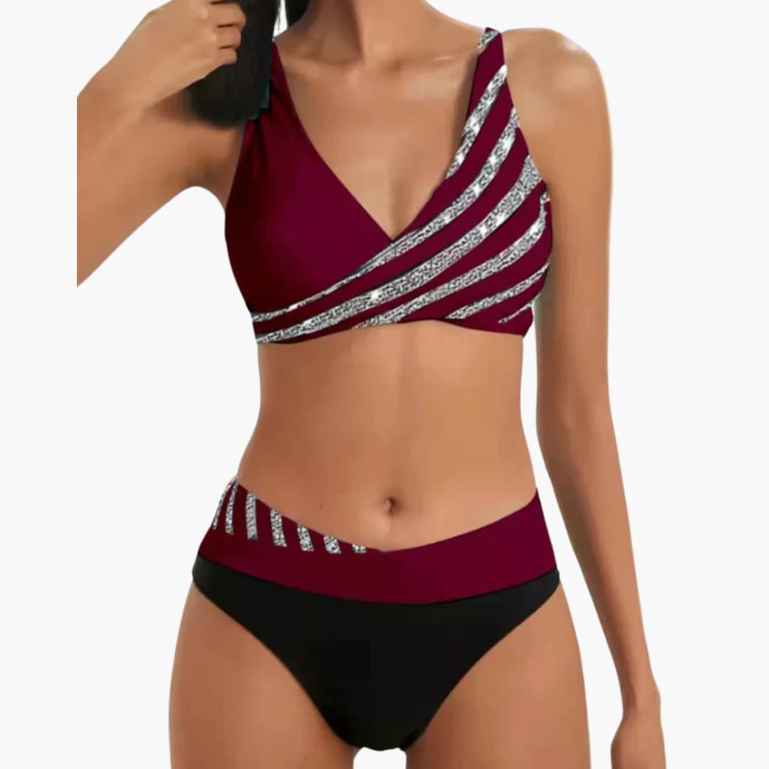 Women’s Two-Piece Bikini Set with Striped and Sparkly Finish