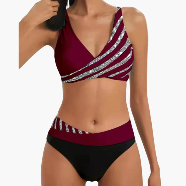 Women’s Two-Piece Bikini Set with Striped and Sparkly Finish