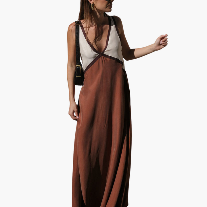 Women’s Maxi Dress with V-Neck and Color-Block Design