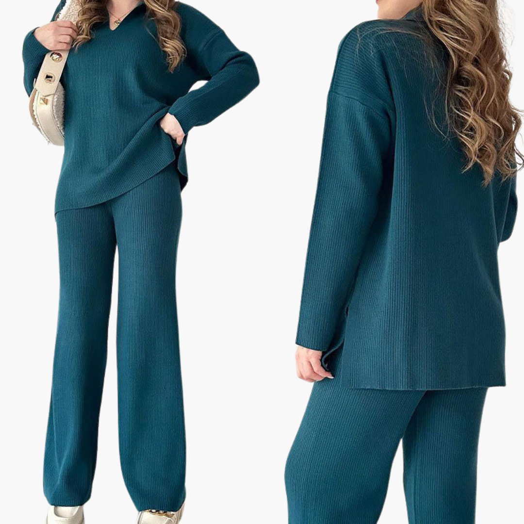 Women’s V-Neck Two-Piece Set with Wide-Leg Trousers