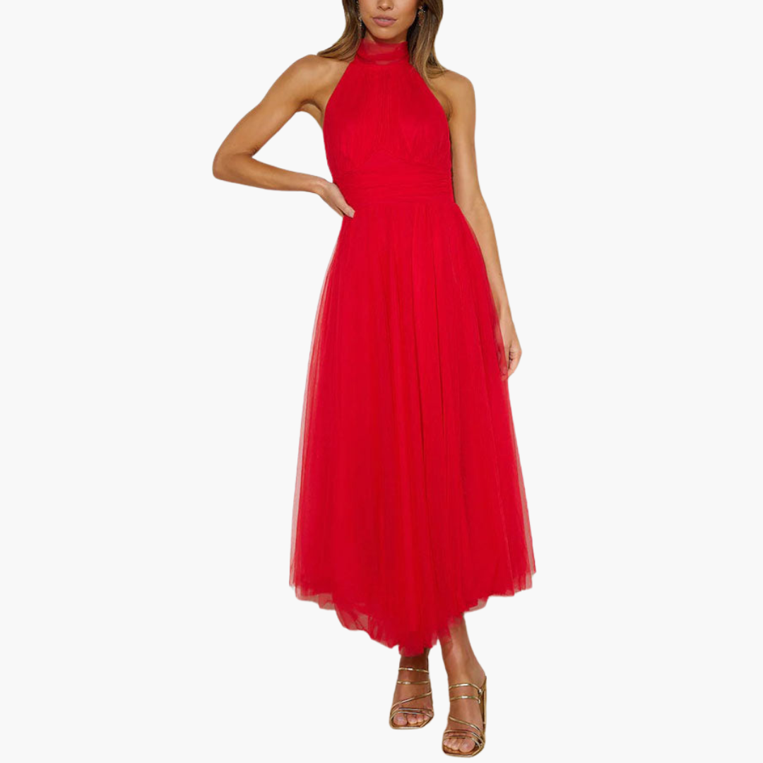 Women’s Tulle Dress with Halter Neck and Flowing Skirt