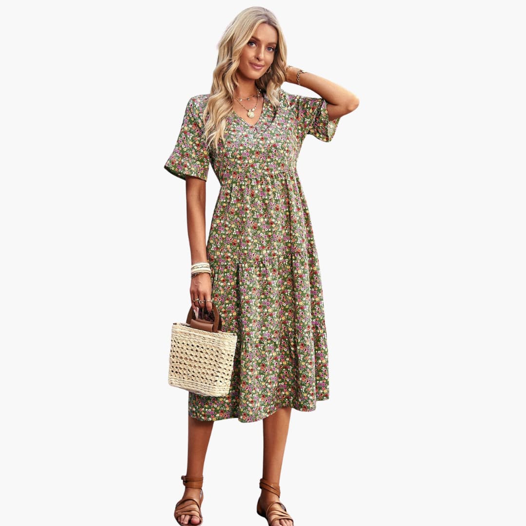 Women’s Midi Dress with V-Neckline and Floral Print