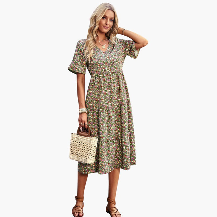 Women’s Midi Dress with V-Neckline and Floral Print