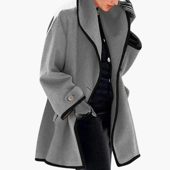 Women’s Open Front Winter Coat with Contrast Trim and Side Pockets