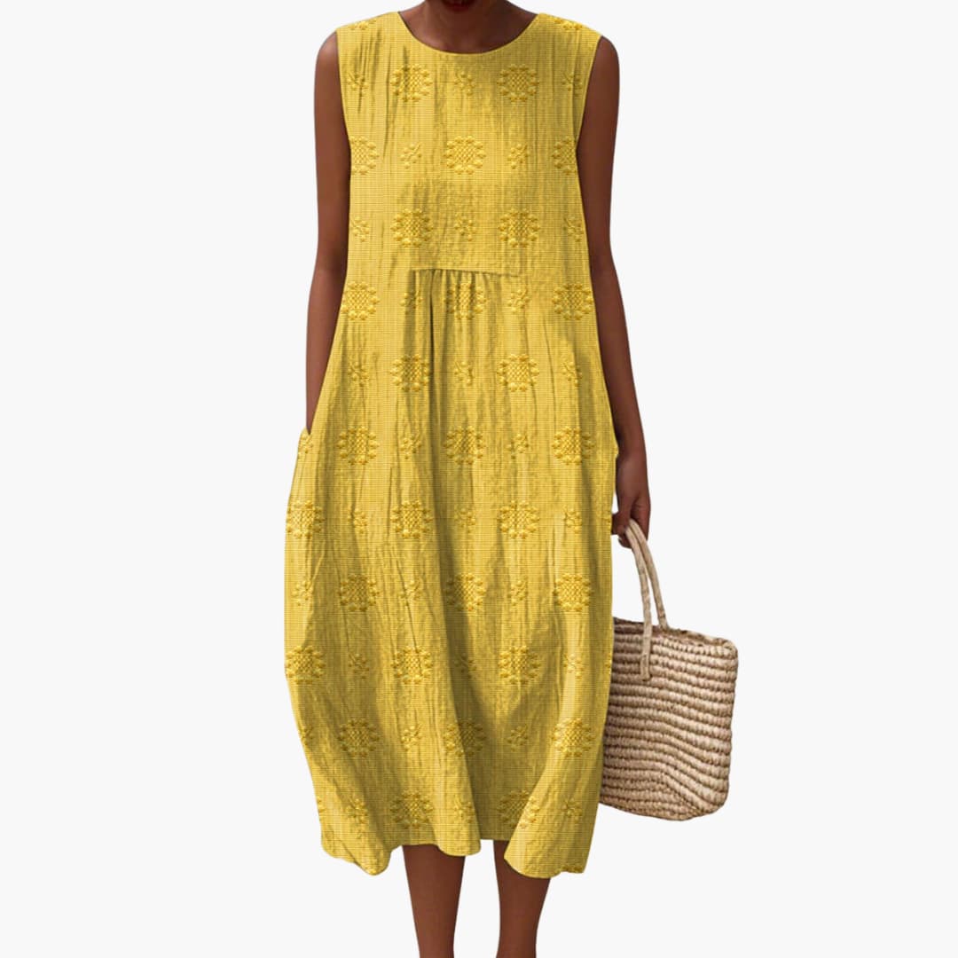 Women’s Sleeveless Midi Dress with Floral Pattern and Side Pockets