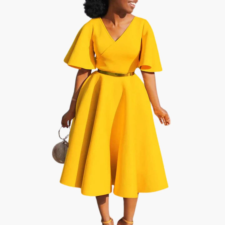 Women’s Midi Dress with V-Neckline and Flutter Sleeves