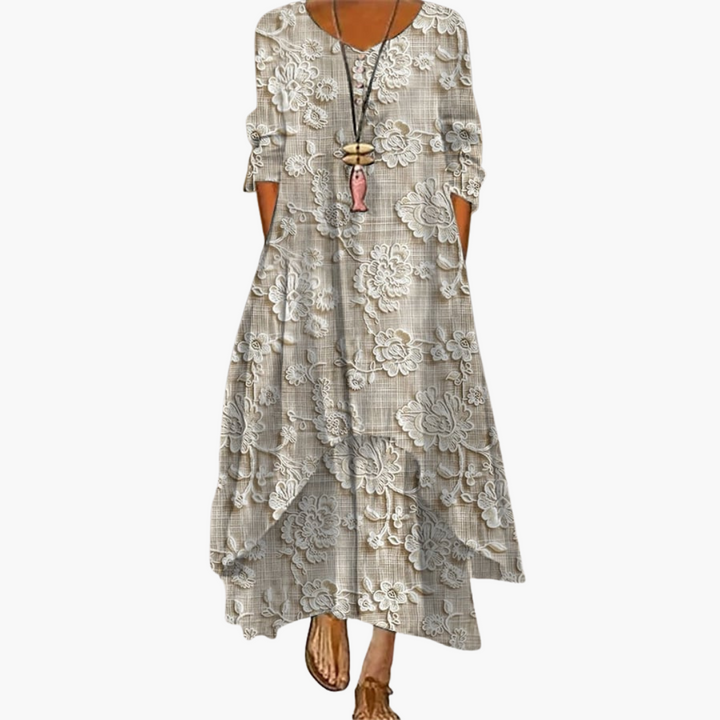 Women’s Maxi Dress with Asymmetric Hem and Long Sleeves