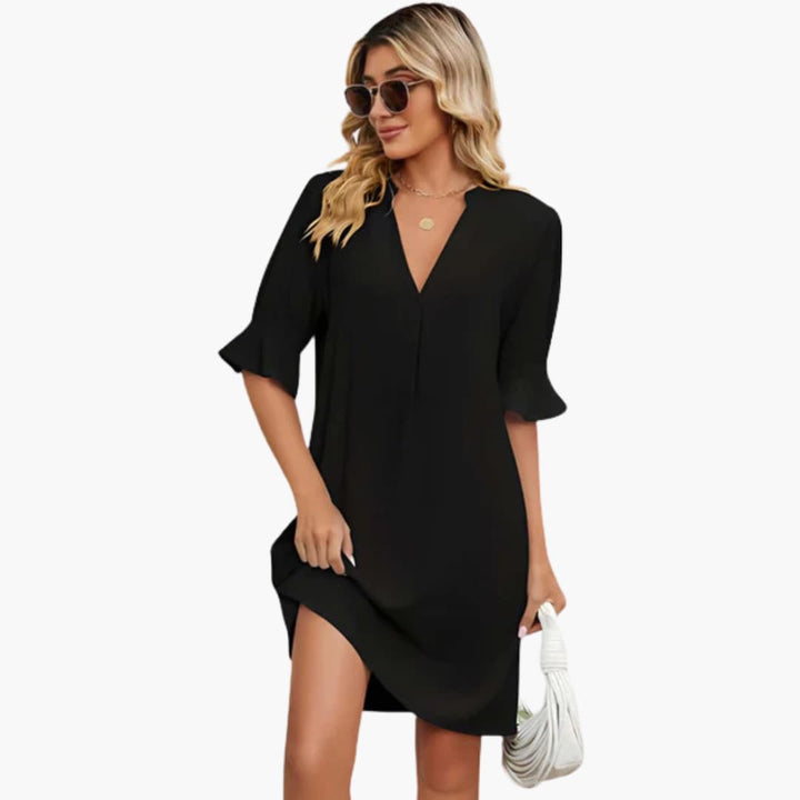 Women’s Shift Dress with V-Neckline and Ruffle Sleeves