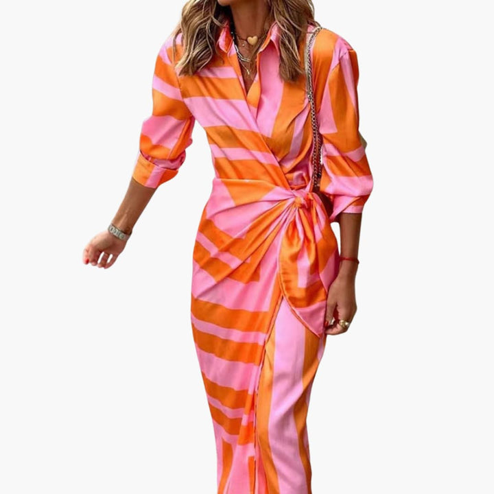Women’s Midi Shirt Dress with Waist Tie and Wrap Front