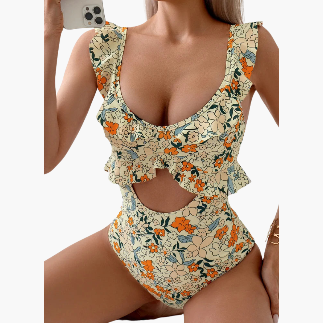 Women’s One - Piece Swimsuit with Floral Pattern and Ruffle Detailing