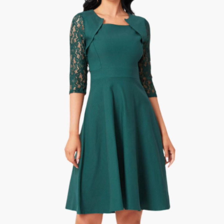 Women’s A - Line Dress with Lace Sleeves and Flared Skirt