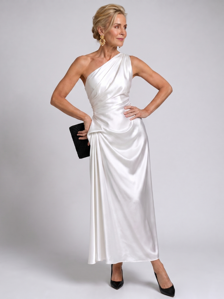 Zeima | One Shoulder Draped Satin Maxi Dress