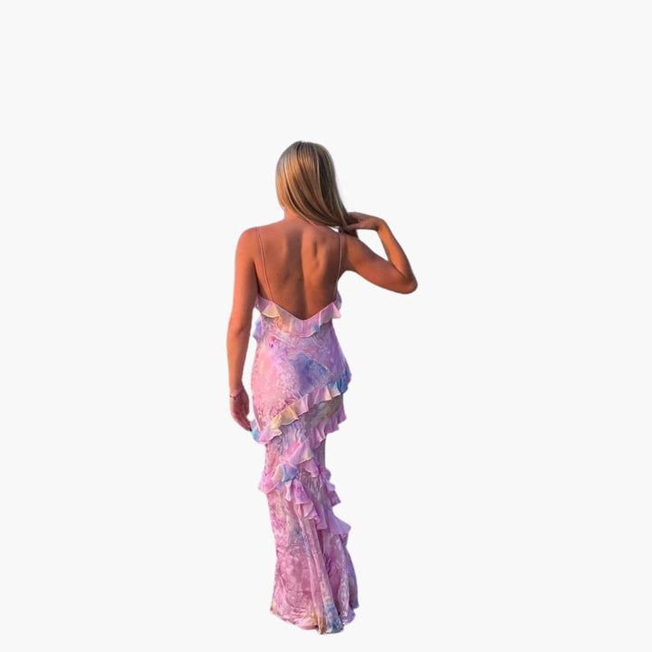 Women’s Maxi Dress with Open Back and Ruffle Panels