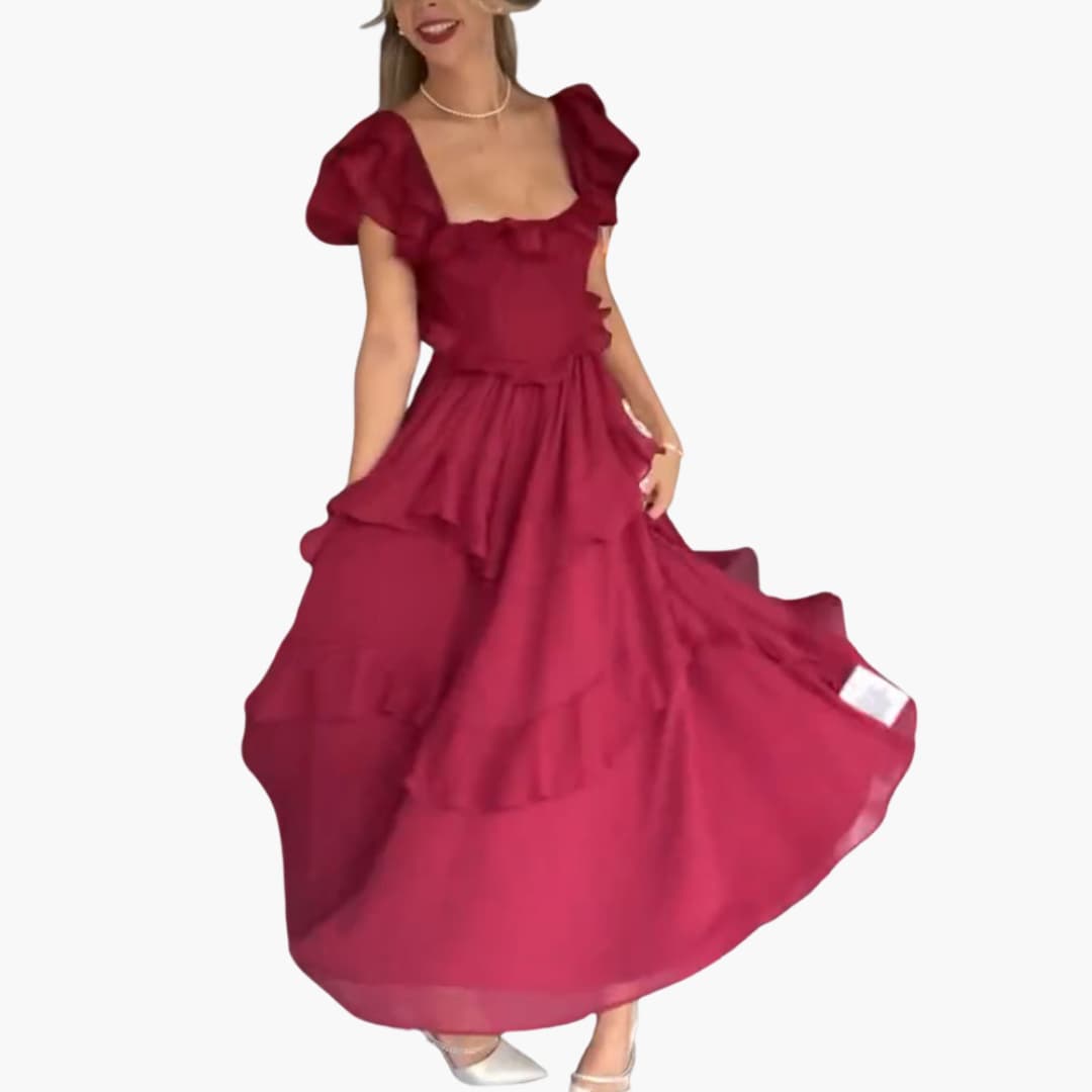 Women’s Midi Dress with Square Neck and Ruffle Sleeves