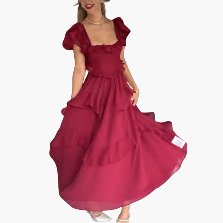 Women’s Midi Dress with Square Neck and Ruffle Sleeves