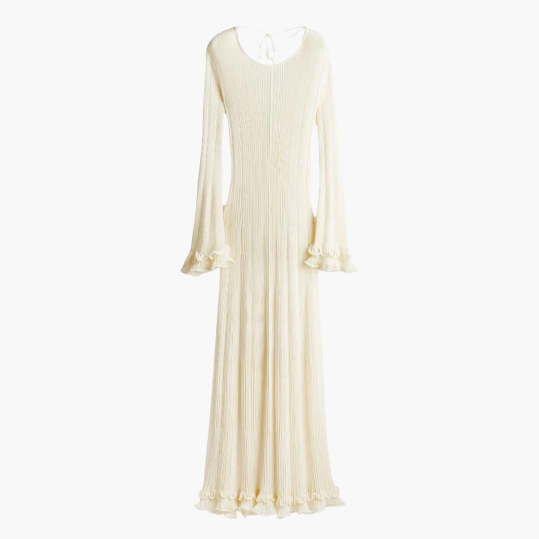 Women’s Knit Maxi Dress with Open Back and Trumpet Sleeves