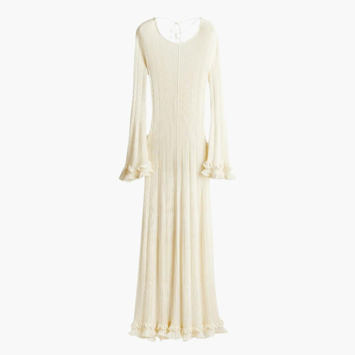 Women’s Knit Maxi Dress with Open Back and Trumpet Sleeves