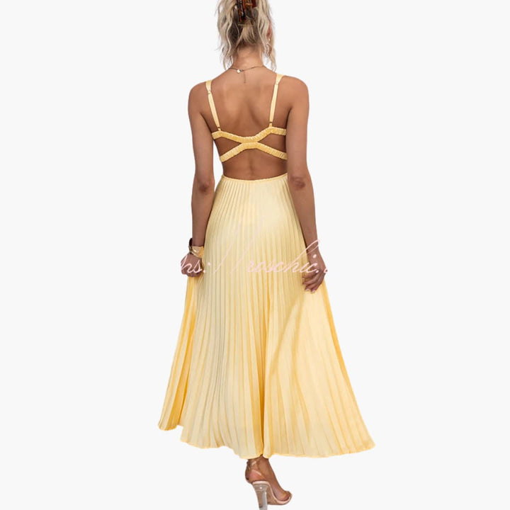 Women’s Midi Dress with Pleated Neckline and Structured Waist