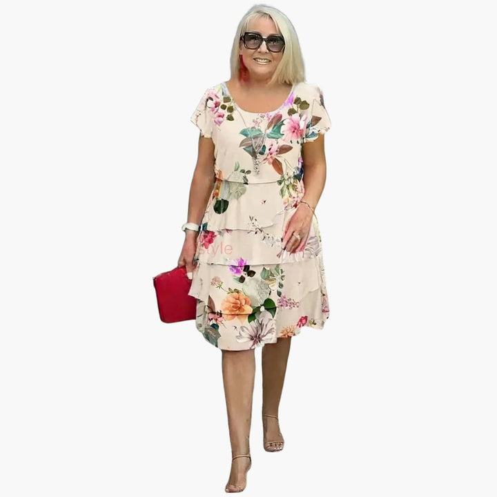 Women’s Ruffled Floral Dress with Short Sleeves and Round Neckline