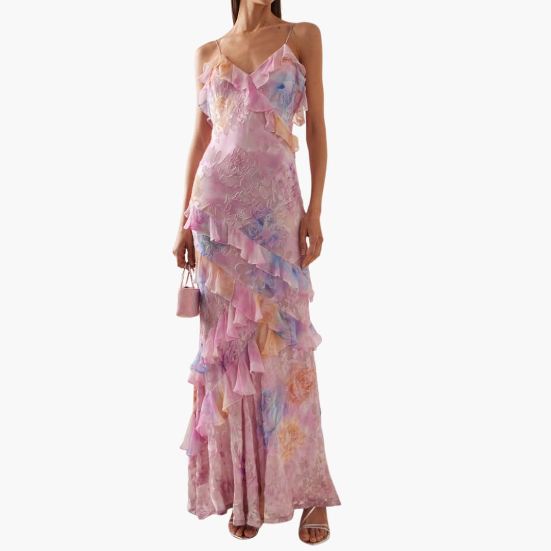 Women Maxi Dress with V-Neck and Ruffle Detail