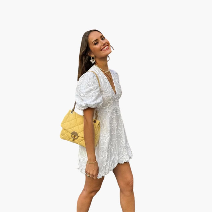 Women’s Round Neck Mini Dress with Puff Sleeves