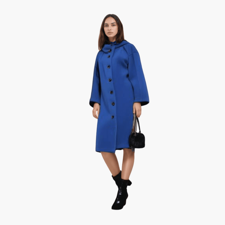 Women Long Hooded Winter Coat with Button-Down Closure and Tailored Fit
