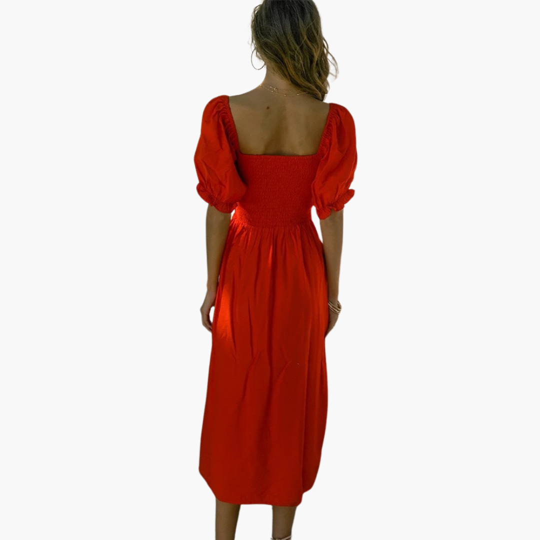 Women’s Midi Dress with Smocked Bodice and Puff Sleeves