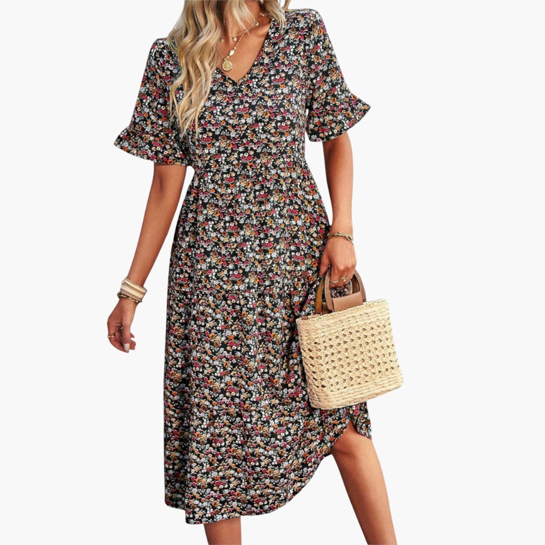 Women’s Midi Dress with V‑Neck and Gathered Waist