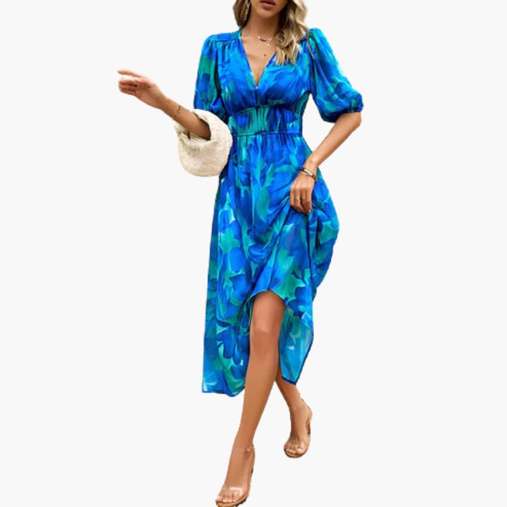 Women’s Midi Dress with Lantern Sleeves and Flared Skirt