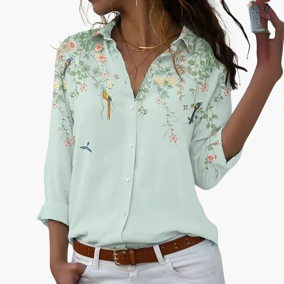 Women’s Floral and Color Block Blouse with Collar
