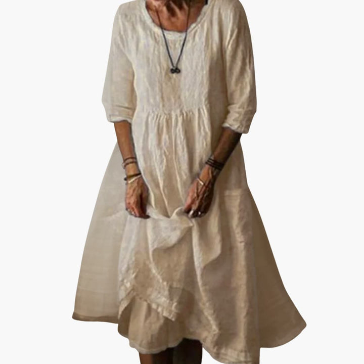 Women’s Midi Dress with Pleated Bodice and Asymmetrical Hemline