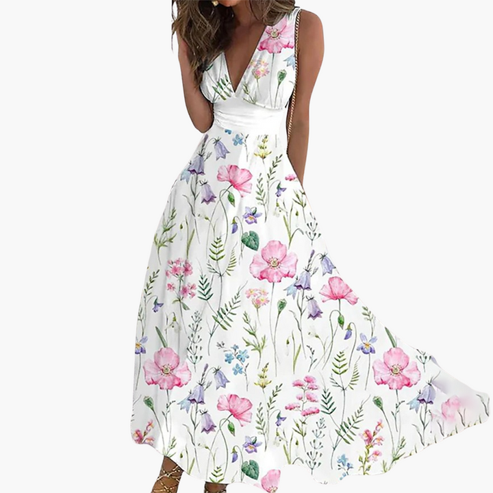 Women’s Floral Maxi Dress with V-Neck and Adjustable Waist