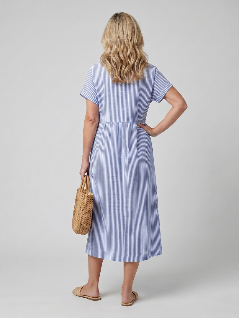 Rosamund | Short Sleeve Stripe Pattern Midi Dress